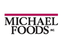 Michael Foods Inc logo in black writing with a red line above it