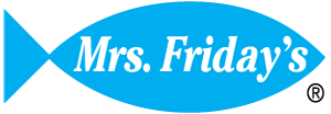 Mrs. Friday's logo in white writing with a blue background in the shape of a fish