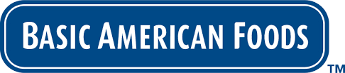 Basic American Foods logo with white writing and a blue background